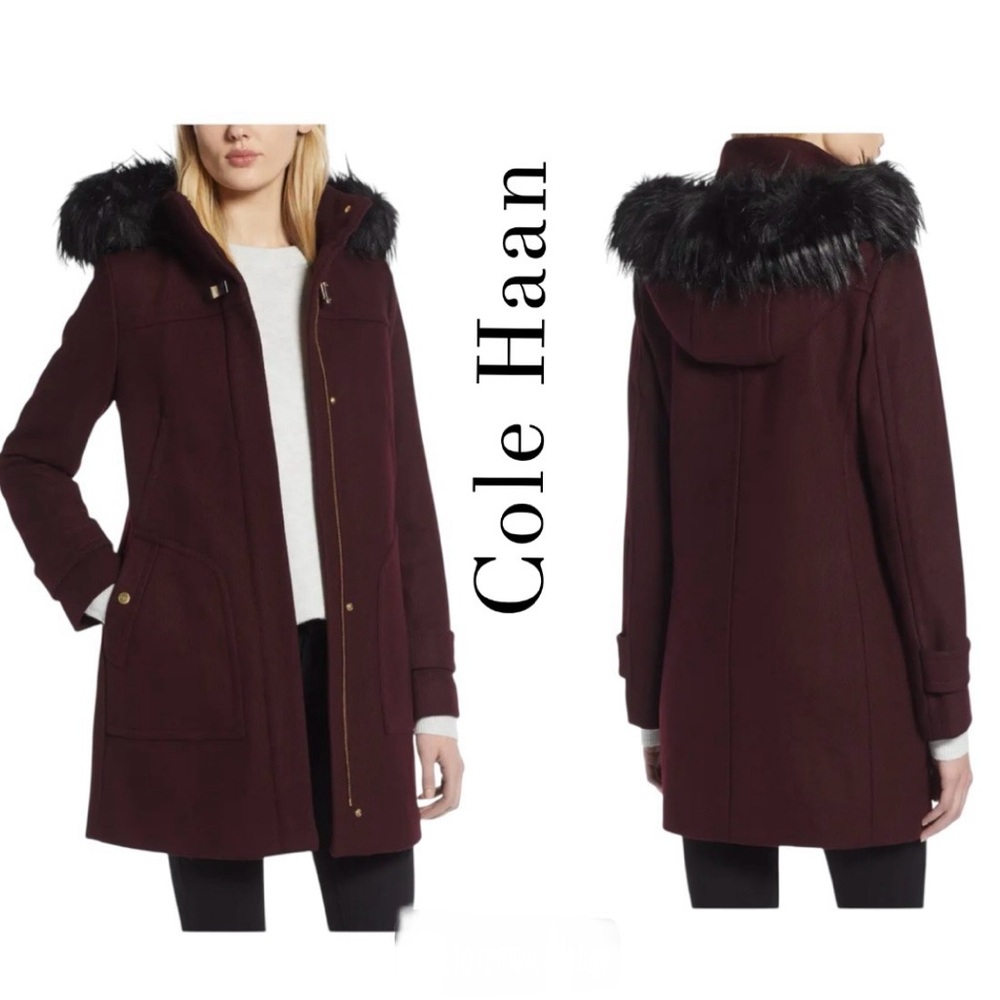 Cole Haan Signature Burgundy Wool Twill Long Duffel Coat - Size 2